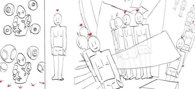 ちなみにキャラクターだけでパースを付ける必要はない。平面的なものでも、配置と角度、背景や別オブジェクトのサポートによって空間を作り出すことはできる。使えるものは使う。 