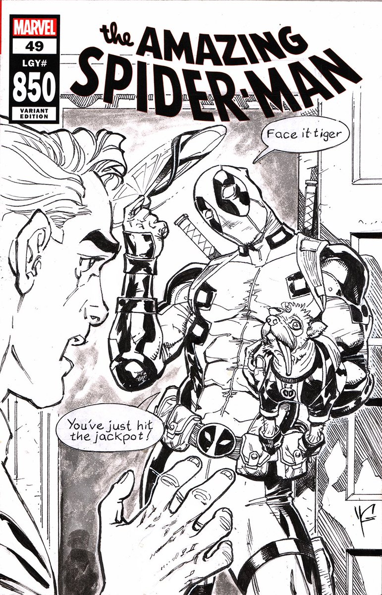 Watch as this Amazing Spiderman cover commission stays blank no more with slapstick pen and ink of DeadPool &amp; Peter Parker render: "Face it Tiger" my sketch cover with DogPool #asm #deadpool #marvelcomics #dogpool #spiderman #comics #peterparker #webslinger #wadewilson