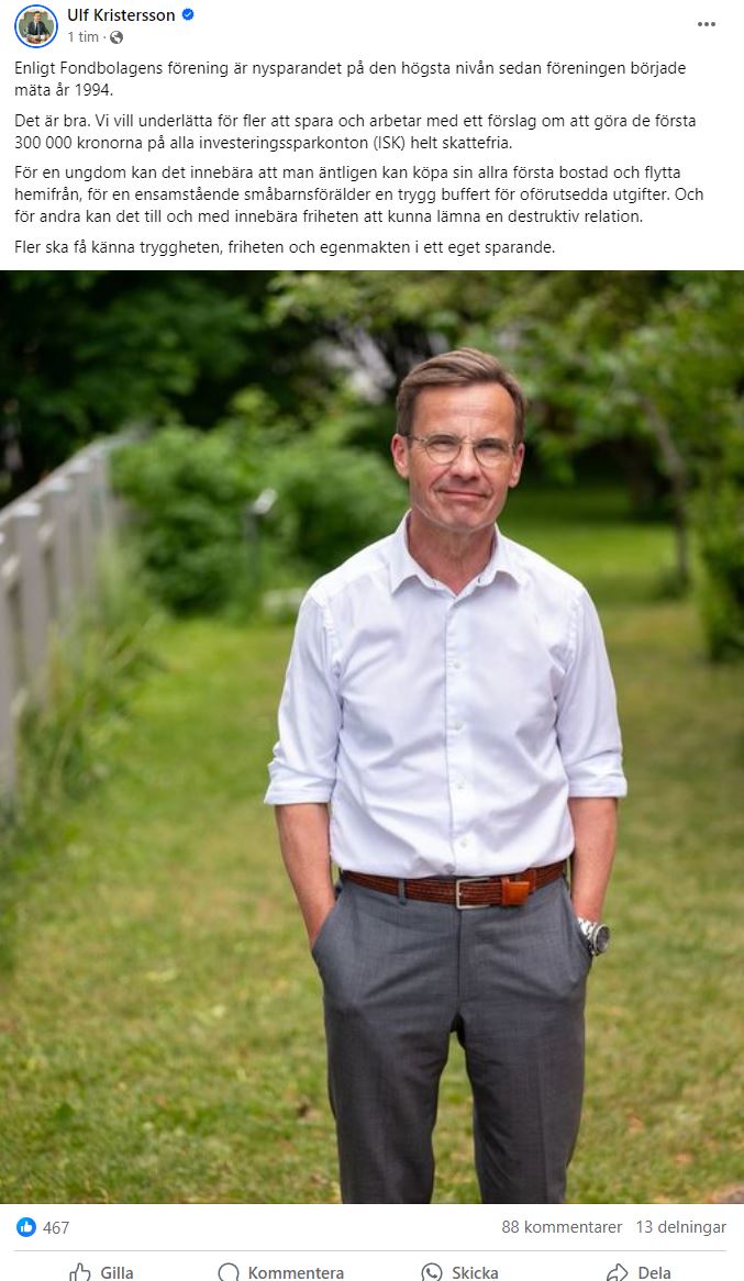 Statsministern meddelar att regeringen arbetar vidare med förslaget om en skattefri grundnivå för ISK-sparande. Mycket positivt! 🙌