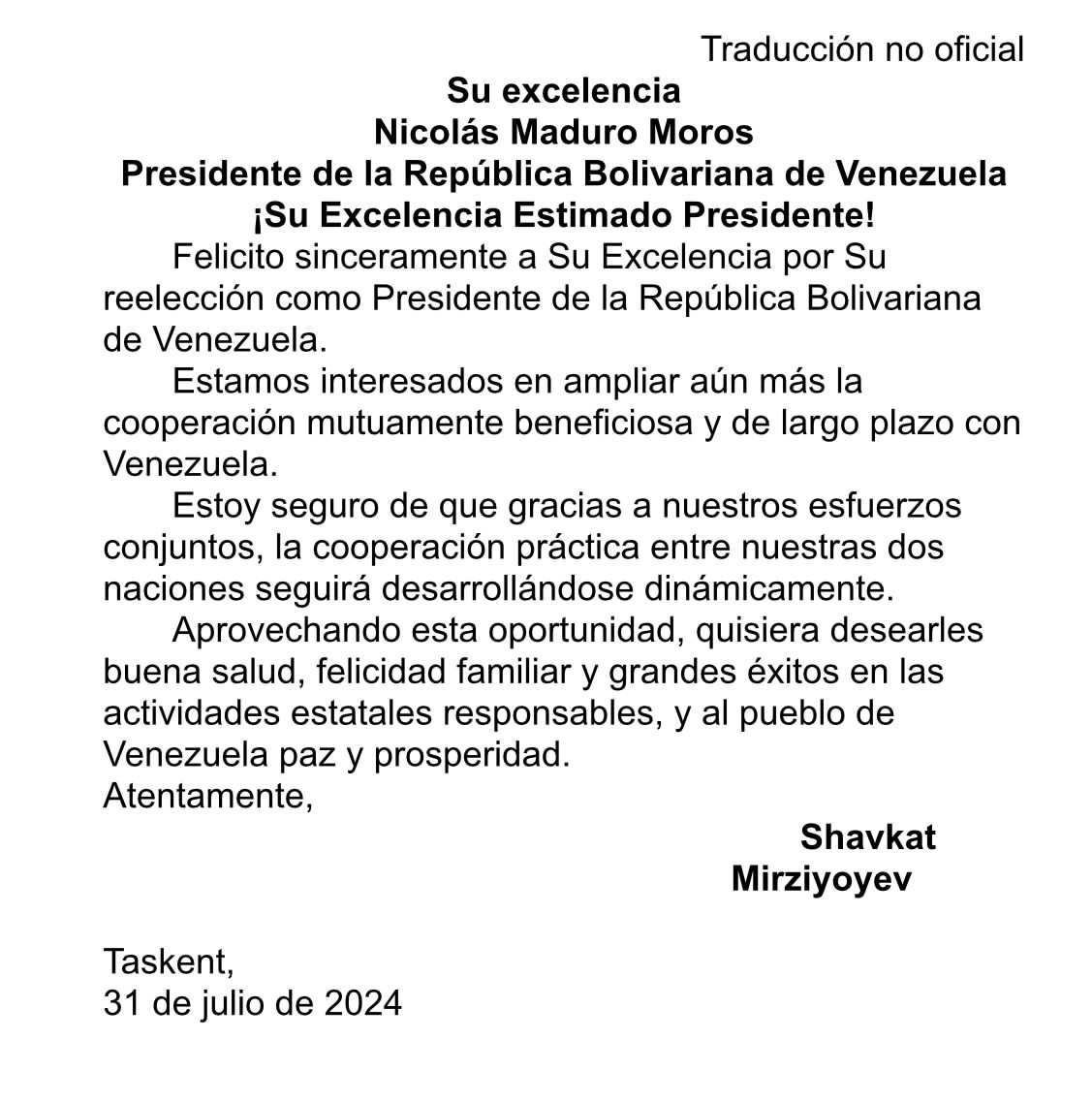 yvangil's tweet photo. En nombre del Presidente @NicolasMaduro, expresamos el compromiso del Gobierno Bolivariano de fortalecer la cooperación con el pueblo y Gobierno de Uzbekistán, bajo el liderazgo del Presidente Shavkat Mirziyoyev. Agradecemos su visión de unidad y prosperidad tras la reciente victoria electoral en Venezuela.