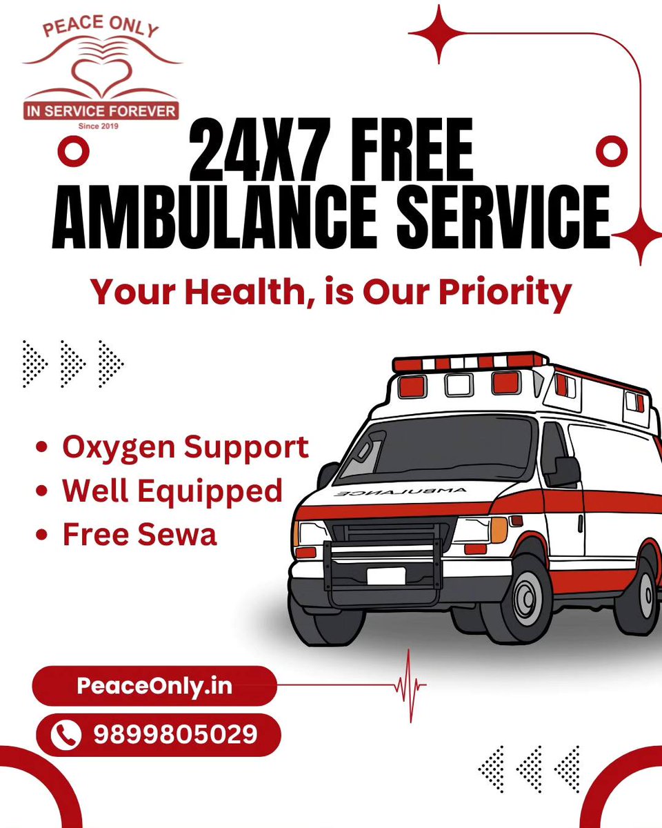 Trust_PeaceOnly's tweet photo. @Trust_PeaceOnly was formed in June 2019 to safely transport patients &amp; give a respectful last journey to the departed souls.  

🚑Providing Free Ambulance &amp; Hearse Van Services 24/7.  

📲Call us: 9899805029, 9899805129, 8287476453  

📩 Email for Queries at: info@peaceonly.in https://t.co/BYhDJA1VZi
