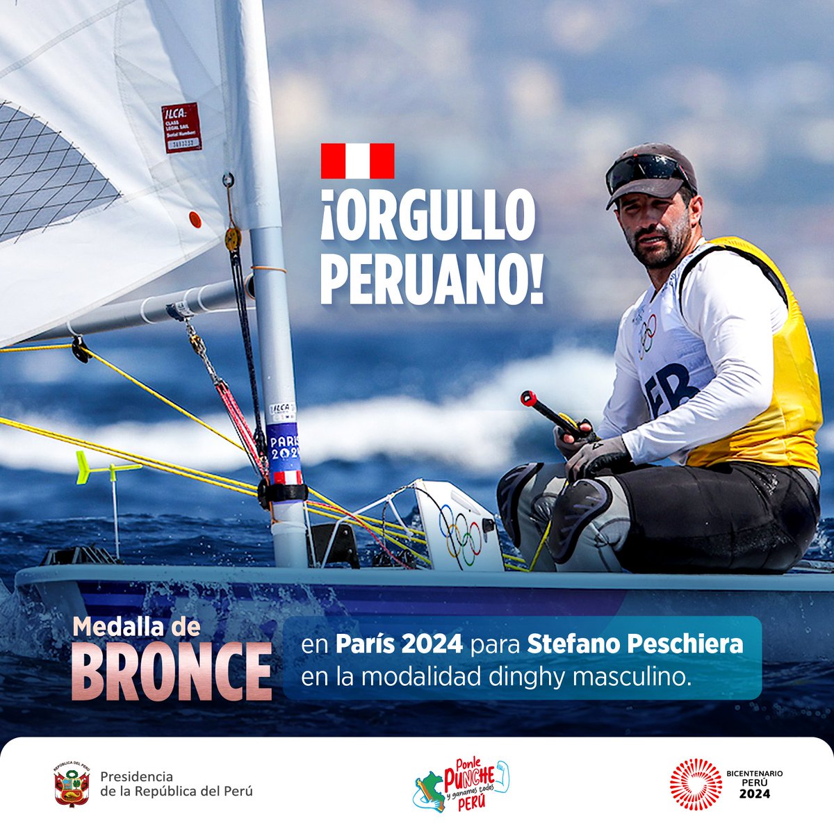 presidenciaperu's tweet photo. 🎉 ¡Felicitaciones, Stefano Peschiera! 🥉Tu medalla de bronce en la disciplina de vela, modalidad dinghy masculino, en los Juegos Olímpicos de #París2024 es una hazaña que enorgullece a todo nuestro país. El Perú te aplaude con el corazón lleno de admiración. 🤩 Gracias por elevar nuestra bandera con tanto orgullo. ¡Viva el Perú! 🇵🇪