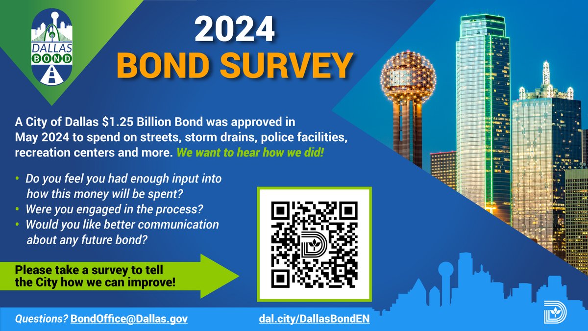 Would you like to see anything different in a future Bond? 📣 Share your thoughts and tell the City how we can improve! ➡️Dal.city/DallasBondEN.