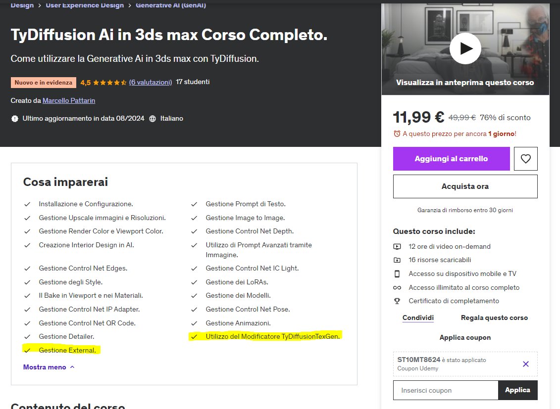 Tutors3d's tweet image. Quindi ricapitolando ora il corso di TyDiffusion per 3ds max è composto da 12 ore e vi ho inserito oggi le lezioni per External ...  corso oggi ancora in promo e poi ciccia....  udemy.com/course/tydiffu…   #3dsmax #TyDiffusion...