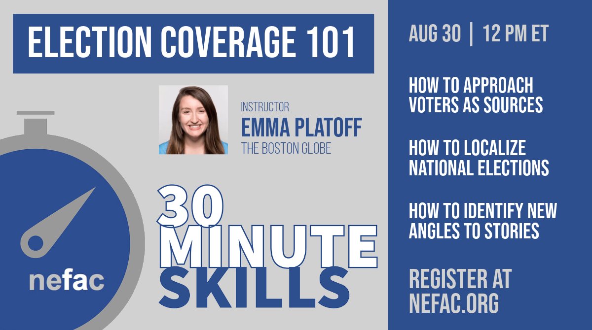 JOIN US! 👉 👉🏽 👉🏿 30 Minute Skills: Election Coverage 101 with <a href="/emmaplatoff/">Emma Platoff</a> at <a href="/BostonGlobe/">The Boston Globe</a> us02web.zoom.us/webinar/regist… #journalism
