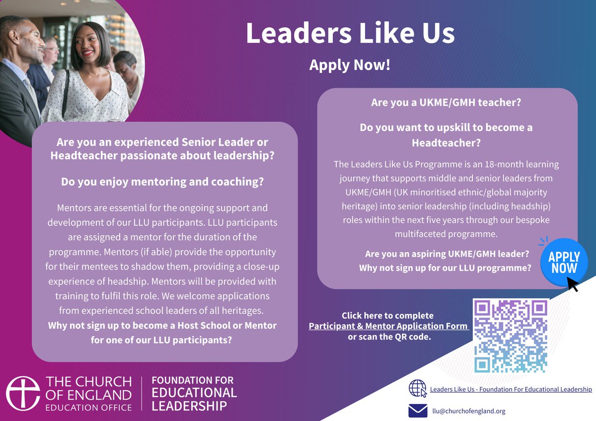 Leaders Like Us seeks experienced educators to mentor aspiring heads. Your guidance can create a more just and equitable education system. Join us: churchofengland.tfaforms.net/4904017.