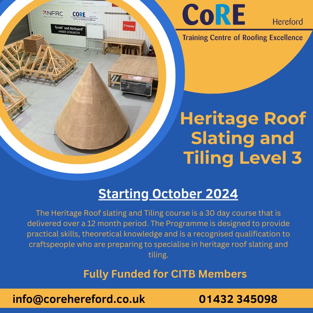 We are delighted to be running another Heritage Roof Slating and Tiling course later this year! Even better news is that the course is fully funded for @citb members. Spaces are limited so please get in touch for more information #roofslating&amp;tiling #heritage #training #newskills