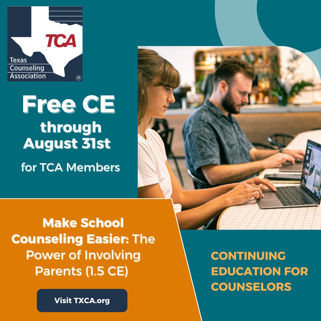 Reminder to take advantage of your free monthly CE. 
All TCA members have access to this benefit. 

#schoolcounselors #counselorassociation #professionalcounselor #counseling