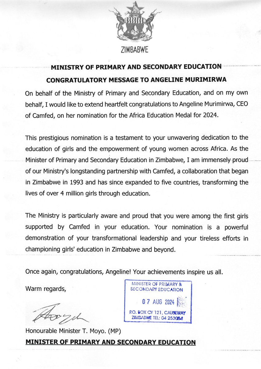 CAMFED - Campaign for Female Education (@camfed) on Twitter photo The Hon T Moyo, Minister of Primary & Secondary Education, 🇿🇼 has written to <a href="/AngieMurimirwa/">Murimirwa Angie</a> to congratulate her on being named an #AfricaEduMedal finalist & to celebrate her "unwavering dedication to the education of girls."🤩
More @ camfed.org/africa-educati… <a href="/MoPSEZim/">Ministry of P&S EdZW</a> <a href="/T4EduC/">T4 Education</a> The Hon T Moyo, Minister of Primary & Secondary Education, 🇿🇼 has written to <a href="/AngieMurimirwa/">Murimirwa Angie</a> to congratulate her on being named an #AfricaEduMedal finalist & to celebrate her "unwavering dedication to the education of girls."🤩
More @ camfed.org/africa-educati… <a href="/MoPSEZim/">Ministry of P&S EdZW</a> <a href="/T4EduC/">T4 Education</a>