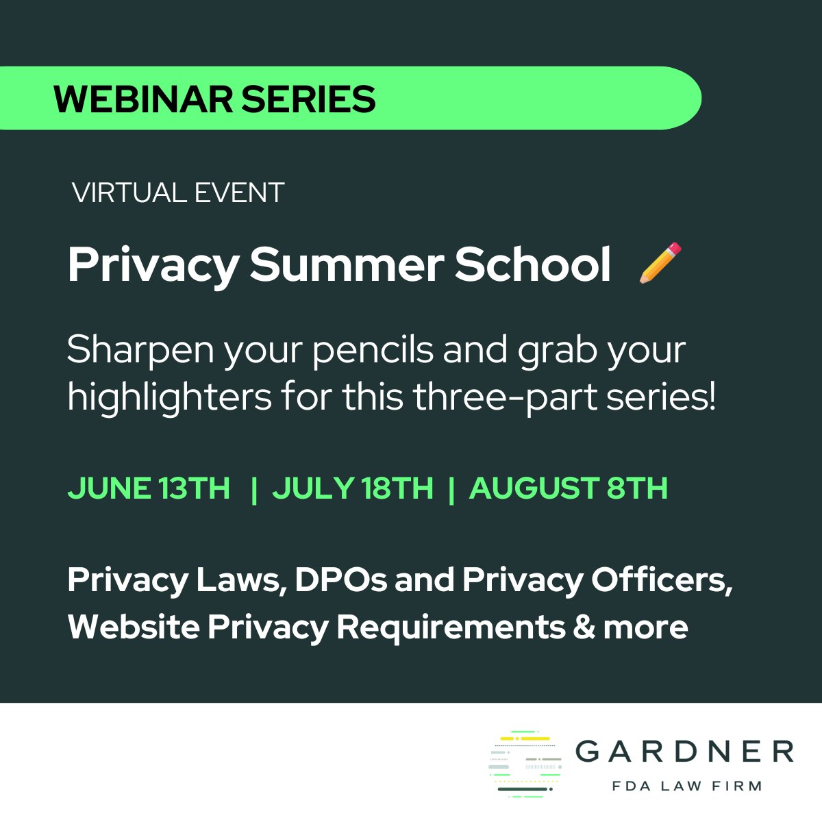 GardnerPllc's tweet photo. Join us tomorrow at 1pm CT for the final webinar in our Privacy Summer School series. In "Privacy Policy Pop Quiz – Are You Ready?", learn about the latest privacy policy requirements in this overview of website privacy compliance. Register now: https://t.co/NQglKITEZL https://t.co/iUO4SRcVDJ