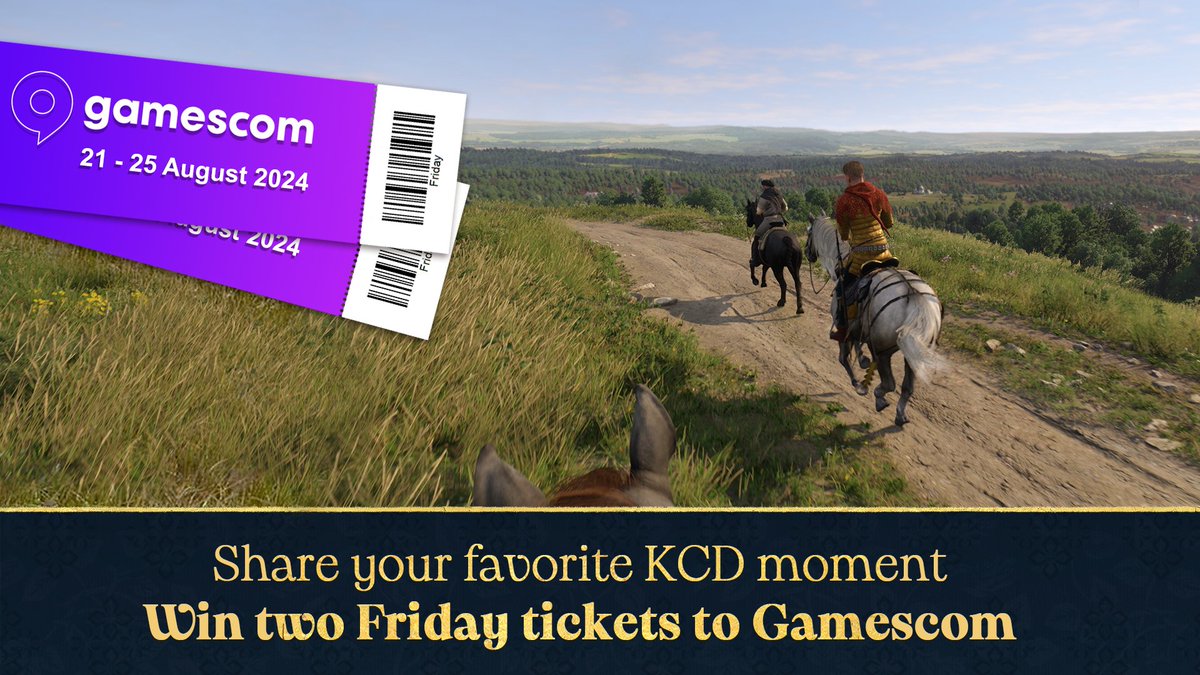 Win TWO Friday tickets to #Gamescom2024 and play #KCD2 early! 🎟️

🔹 Share your favorite Kingdom Come: Deliverance moment in a comment on X, Facebook, or Instagram
🔹 Like &amp; share the post
🔹 Follow @kingdomcomerpg and @warhorsestudios

Six winners will be announced. Good luck!