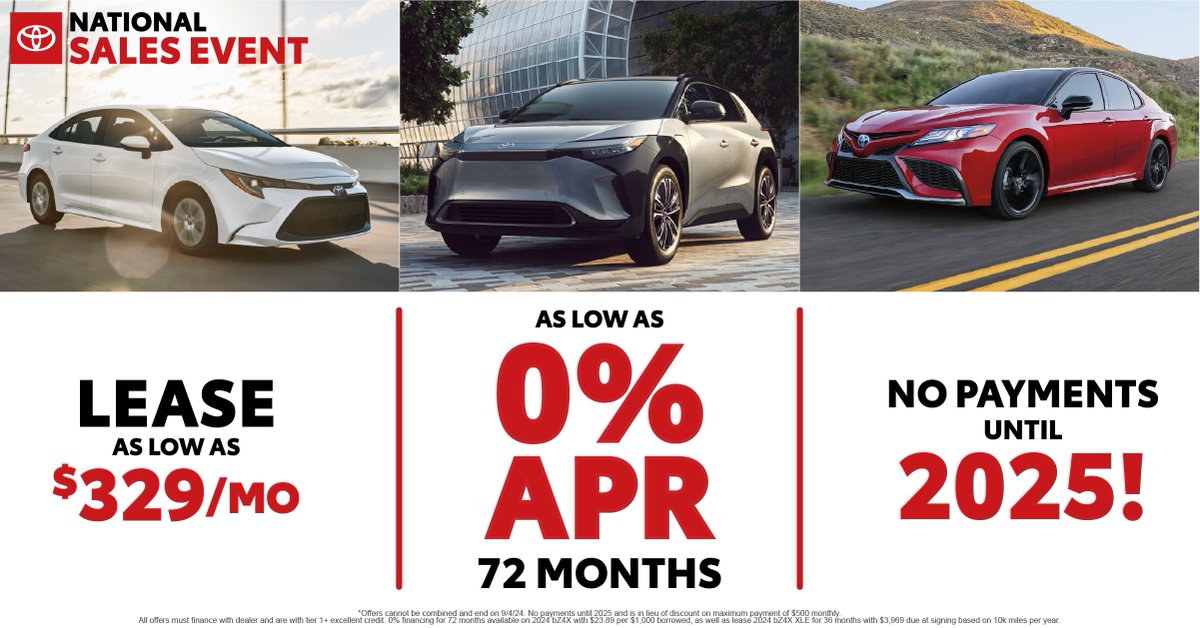 eddystoyota's tweet photo. 🚗🎉 Our National Sales Event is happening NOW at Eddy's Toyota! 🎉🚗

You won’t believe these deals: 0% APR, no payments until 2025, and lease options starting at just $329 per month!

Shop today: https://t.co/5srNVMHQAy https://t.co/xqI6gbq4bl
