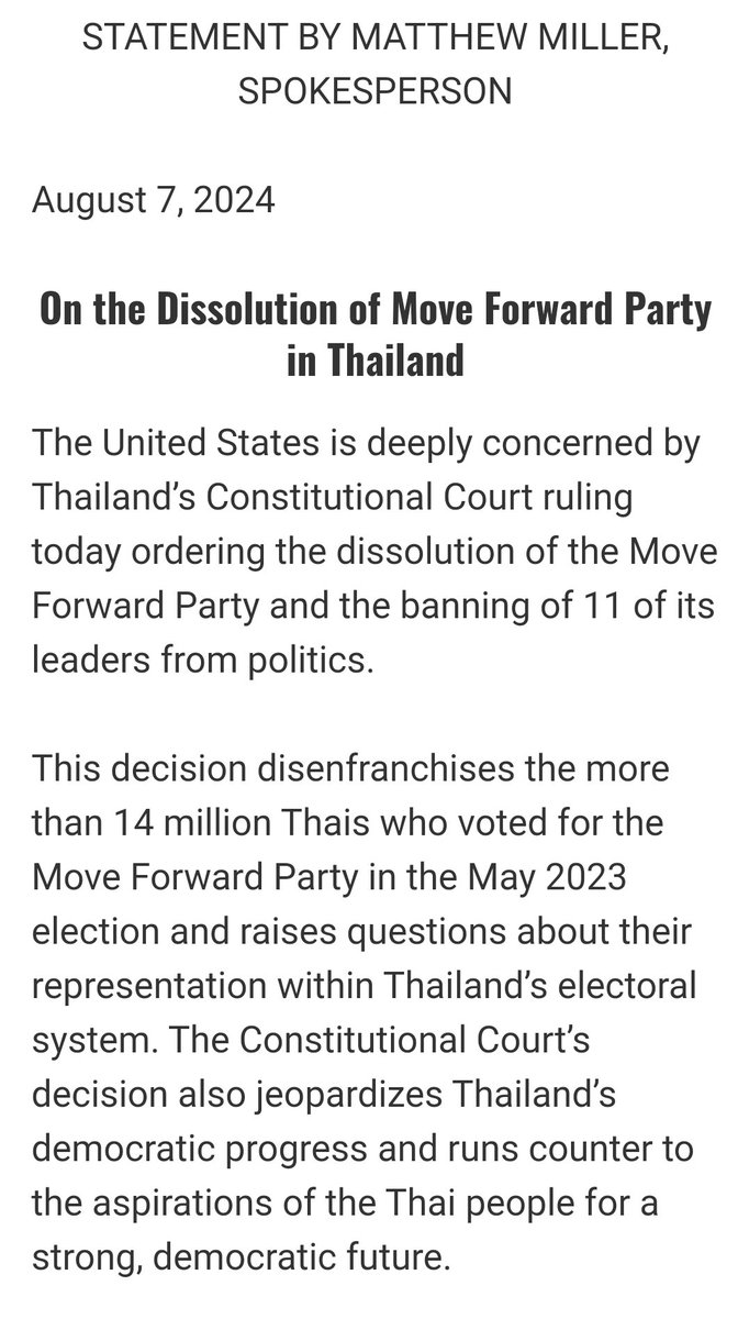 mo_necar's tweet photo. US Embassy statement on dissolution of Move Forward Party. 
#คัดค้านการยุบพรรคก้าวไกล #Thailand #ก้าวไกล https://t.co/qvB4Gv5itE