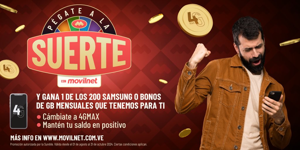 Cámbiate a 4GMAX y participa por uno de los 200 Samsung o GB que estaremos sorteando mensualmente.

Si ya tienes una USIM, con mantenerla activa también estarás participando.

¡No te lo puedes perder! Llegó tu momento de ganar.

#Movilnet #Telefonia #4GMAX #4G #Conecta #Descubre