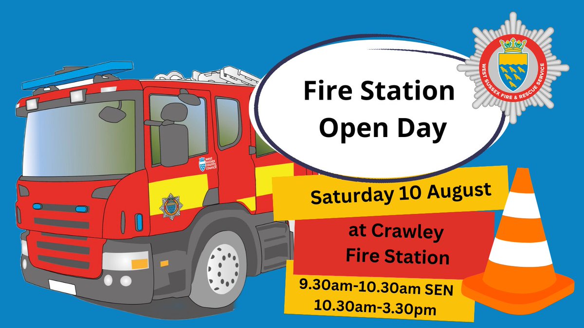 Don't miss Crawley Fire Station's open day this Saturday!

Come and meet the crew, watch live demonstrations, and enjoy a day of family fun.

Doors open at 9.30am-10.30am for SEN families, and 10.30am-3.30pm for everyone.