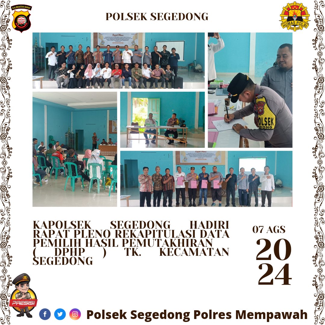 PSegedong's tweet photo. Kapolsek Segedong hadiri kegiatan Rapat Pleno Rekapitulasi DPHP tk Kecamatan Segedong di Gedung BKMT Kecamatan Segedong .
#polripresisi2024 
#humaspoldakalbar 
#humaspolresmempawah 
#polresmempawahbestari 
#pilkadaserentak2024 
#ppksegedong 

#polresmempawah 
#kapolresmempawah https://t.co/rUMm4BvS6t