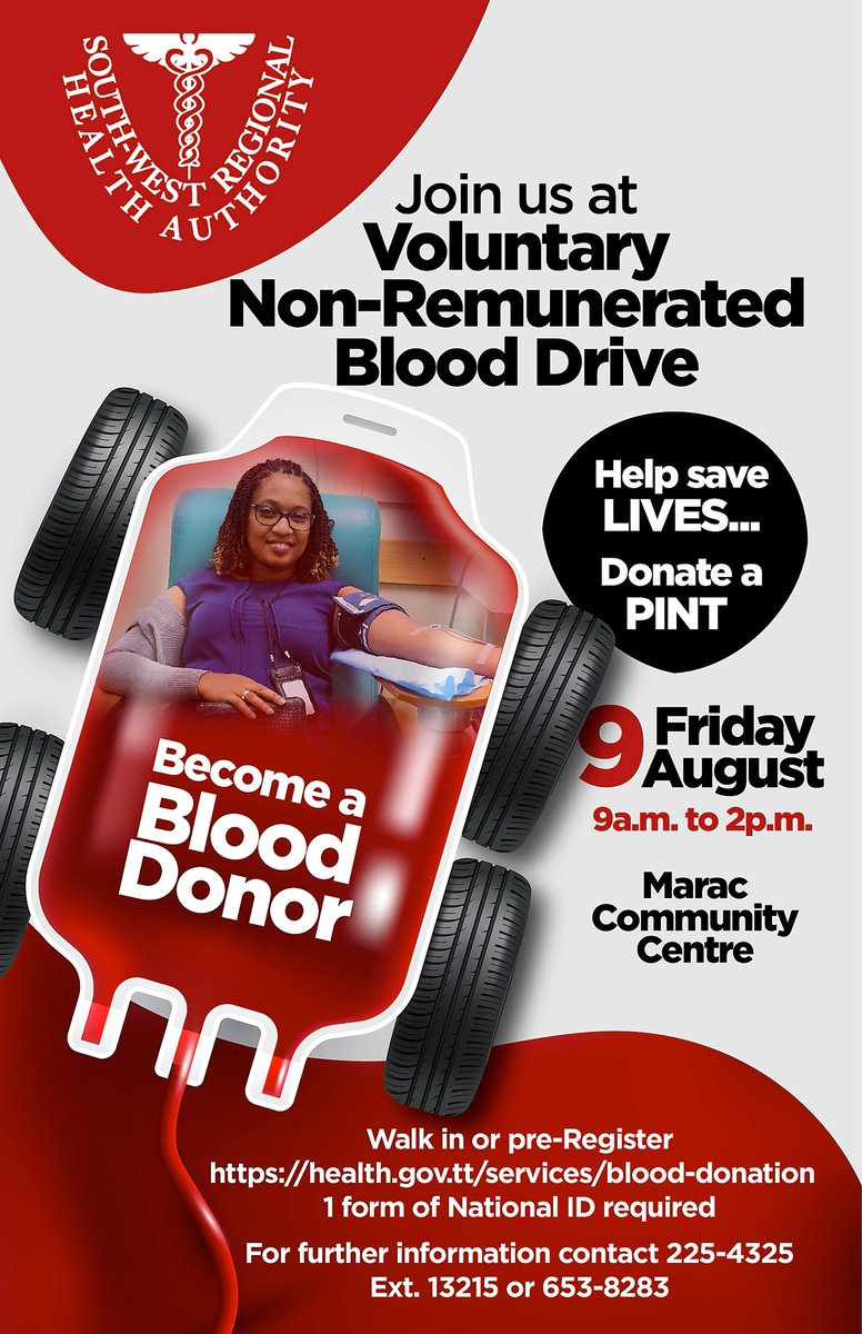 swrhatt1's tweet photo. Friday 9th August 2024 the South-West Regional Health Authority will be at the Marac Community Centre for their Voluntary Non-Remunerated Blood Donation Drive. https://t.co/KJkpxiL0Uj