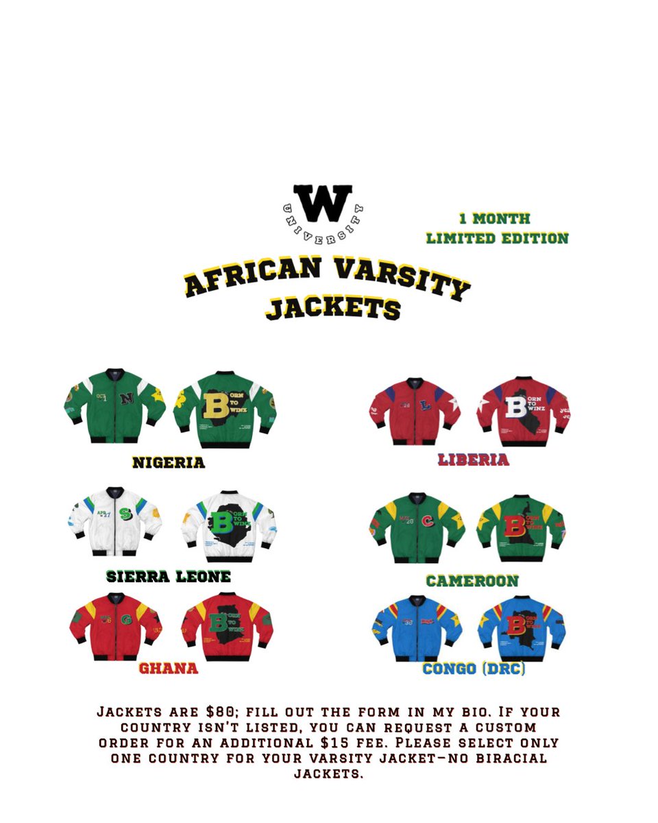 Ifewinz's tweet photo. I finally have something for Naija Independence Day 🤩💃 

I just designed these African varsity jackets for $80 on my insta #Trending #african #nigerian #ghana #cameroon #liberia #congo https://t.co/CsZjQqEk5y