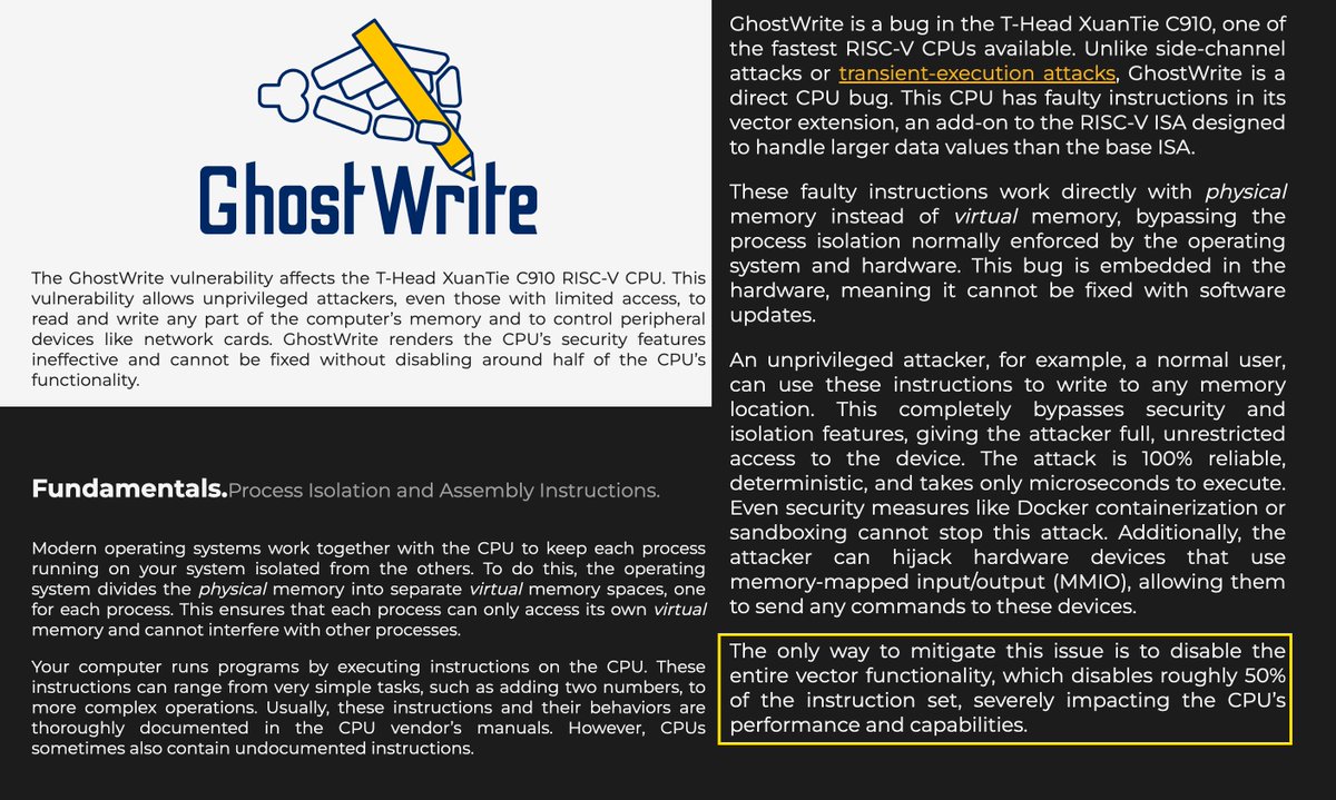 A new critical CPU vulnerability is discovered: #GhostWrite.
Affects T-Head XuanTie C910 RISC-V CPU. Allows reading and writing arbitrary physical memory. The only mitigation is disabling half of the instruction set; the performance penalty is up to 77%.
ghostwriteattack.com
