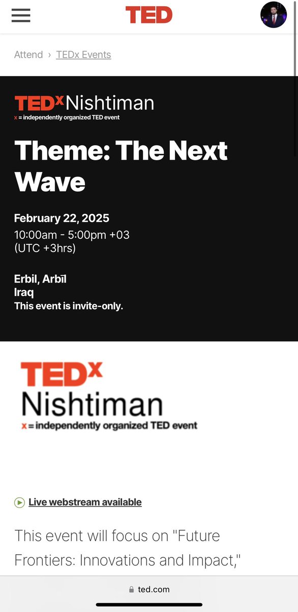 rawand_hussen's tweet photo. #TEDxNishtiman2025 under the theme "The Next Wave," will explore the innovative and transformative trends shaping our future. This event will bring together thought leaders, visionaries, and change-makers to share their insights and ideas on cutting-edge developments in technology, AI, society, environment, and culture. Join us for the chapter of inspiring talks and engaging discussions as we dive into the next wave of progress and innovation.