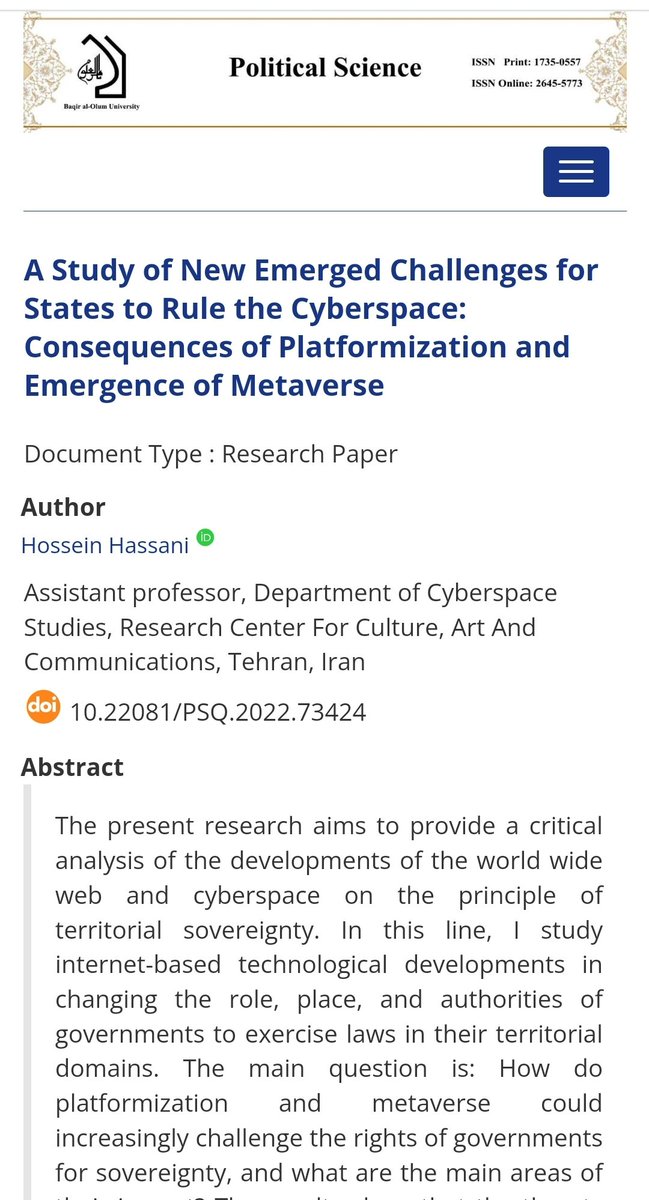 A Study of New Emerged Challenges for States to Rule the Cyberspace: Consequences of Platformization and Emergence of Metaverse psq.bou.ac.ir/article_73424.…