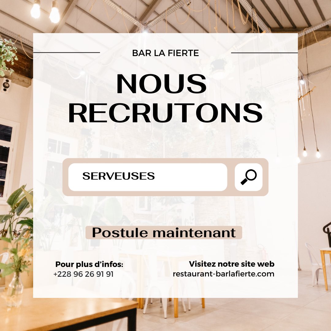 BarFierte's tweet image. 📢 Nous recrutons ! 🍽️

Le Bar La Fierté recherche une serveuse dynamique et passionnée. Postulez maintenant !

📧 Appelez-nous au 96-26-91-91.

📍 Lieu : Agoè Anomé, face à l’hôtel La Maison Blanche, Lomé, Togo.

#Recrutement #Serveuse #Lomé #Emploi #team228
#tgtwittos