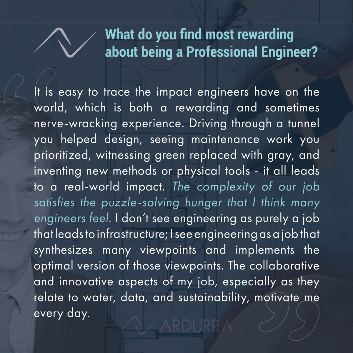 ardurra's tweet photo. Happy Professional Engineers Day!

Today, #Ardurra celebrates the engineers who are making a significant impact on our industry and communities with their #innovative solutions and fresh ideas. 

Meet one of Ardurra's exceptional engineers, William Kuehne, P.E., ENV SP, CFM! https://t.co/Y6dF8rLown