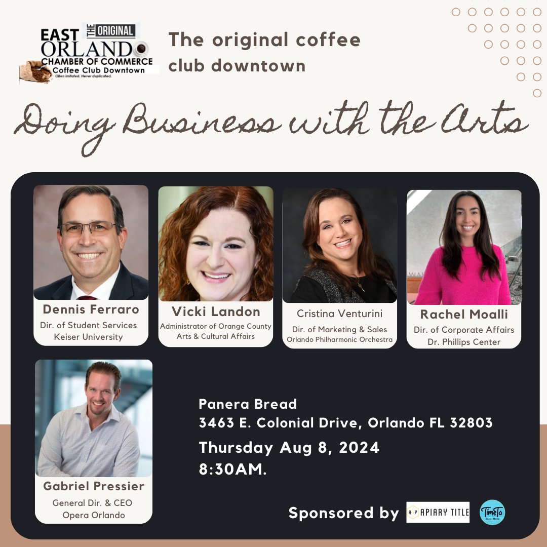 Come to coffee club tomorrow (8/8) and learn how to do business with the arts!  amazing panel! New location in #Orlando <a href="/EastOrlandoCC/">East Orlando Chamber</a> <a href="/OperaOrlando/">Opera Orlando</a> <a href="/DrPhillipsCtr/">Dr. Phillips Center</a> , Orlando Philharmonic Orchestra and more!