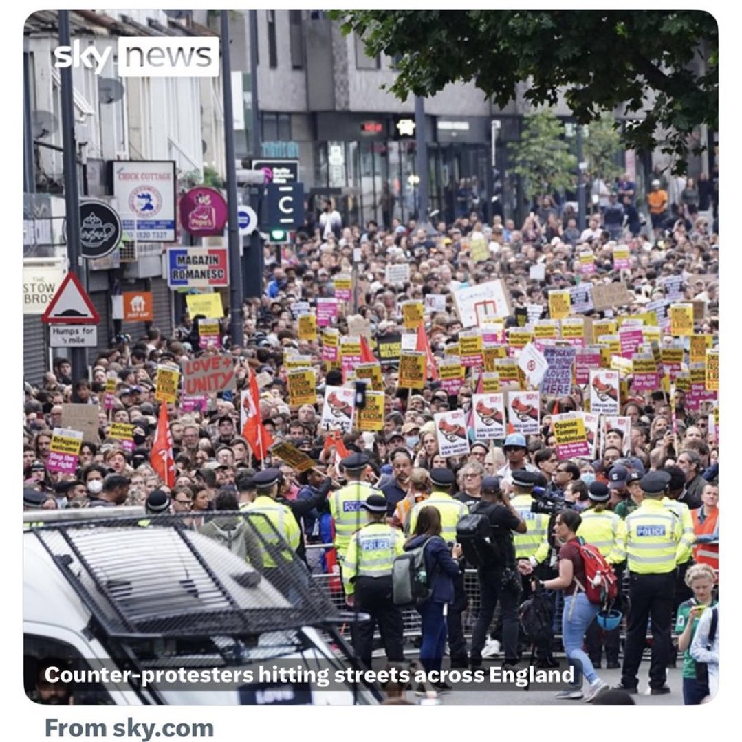 You should correct ‘counter protesters,’ <a href="/SkyNews/">Sky News</a>. These individuals are legitimate law-abiding protesters. The other lot they’re ‘countering’ aren’t protesters. They’re drunk, looting shops, attacking police officers, trying to burn people alive, attacking places of worship and
