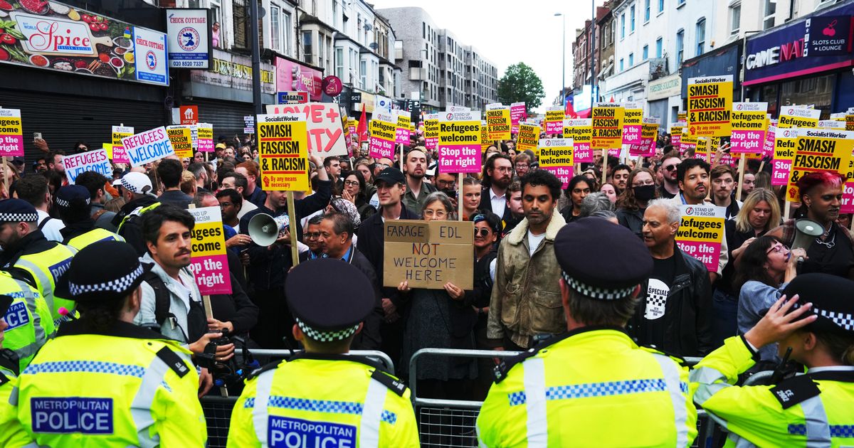 Walthamstow riot nowhere in sight as 10,000 counter-protesters defend the town. Anti-fascist protesters are out in force tonight. Big up my East London crew. Where are the fascists? #Walthamstow! #FaragesRiots #Belfast. #HopeNotHate #UKriots #UKprotest