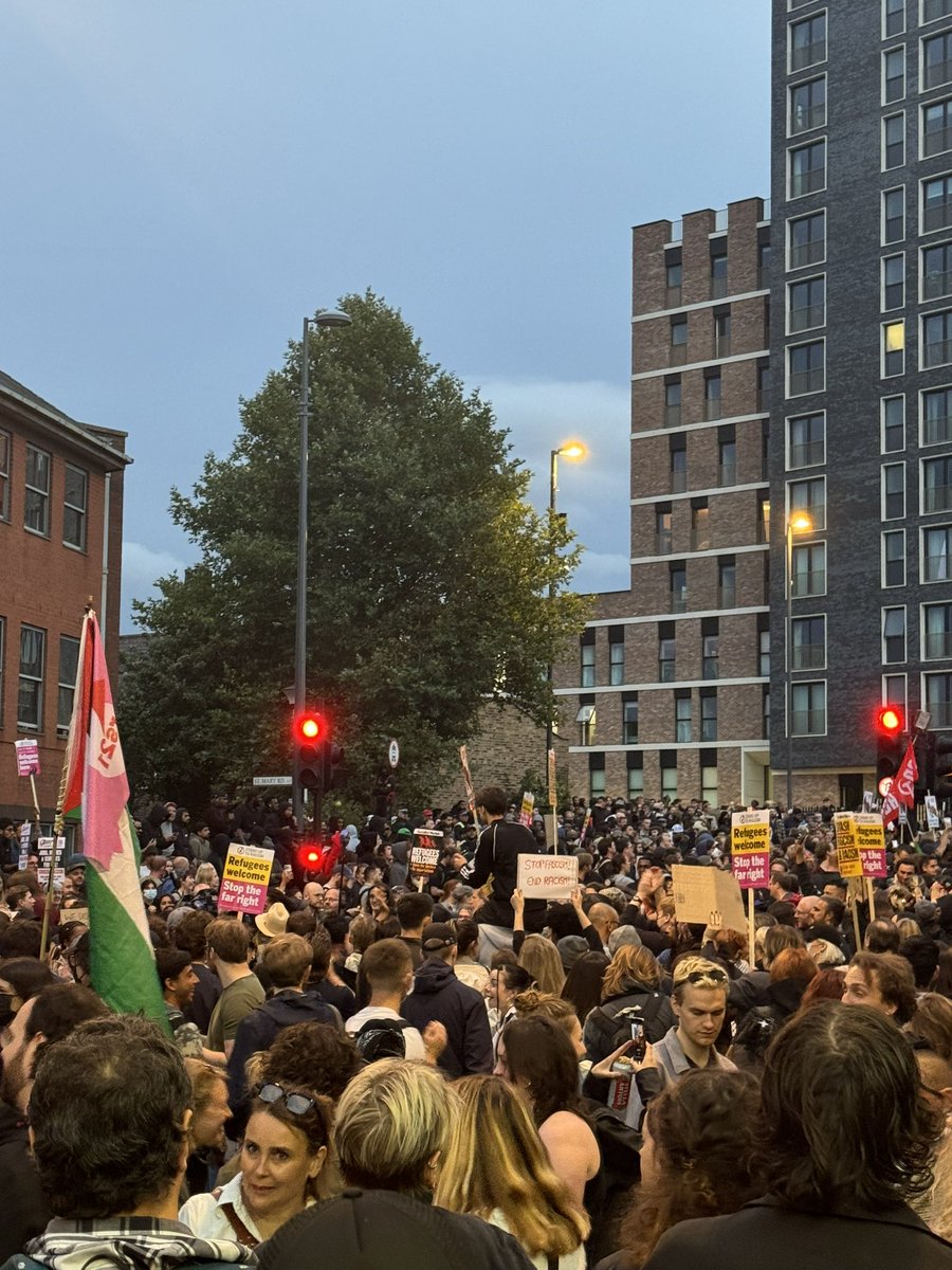 justgork's tweet photo. Walthamstow riot nowhere in sight as 10,000 counter-protesters defend the town. Anti-fascist protesters are out in force tonight. Big up my East London crew. Where are the fascists? #Walthamstow! #FaragesRiots #Belfast. #HopeNotHate #UKriots #UKprotest https://t.co/6P4W9YOn4c