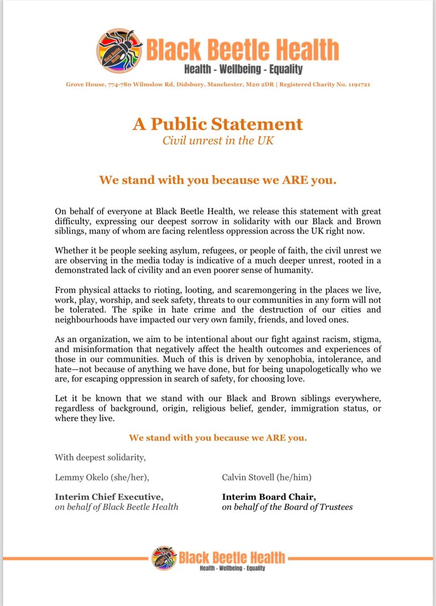 📣A Public Statement 📣 

***Civil unrest in the UK***

We stand with you because we ARE you.

Let it be known that we stand with our Black and Brown siblings everywhere, regardless of background, origin, religious belief, gender, immigration status, or where they live.✊🏼✊🏽✊🏾✊🏿