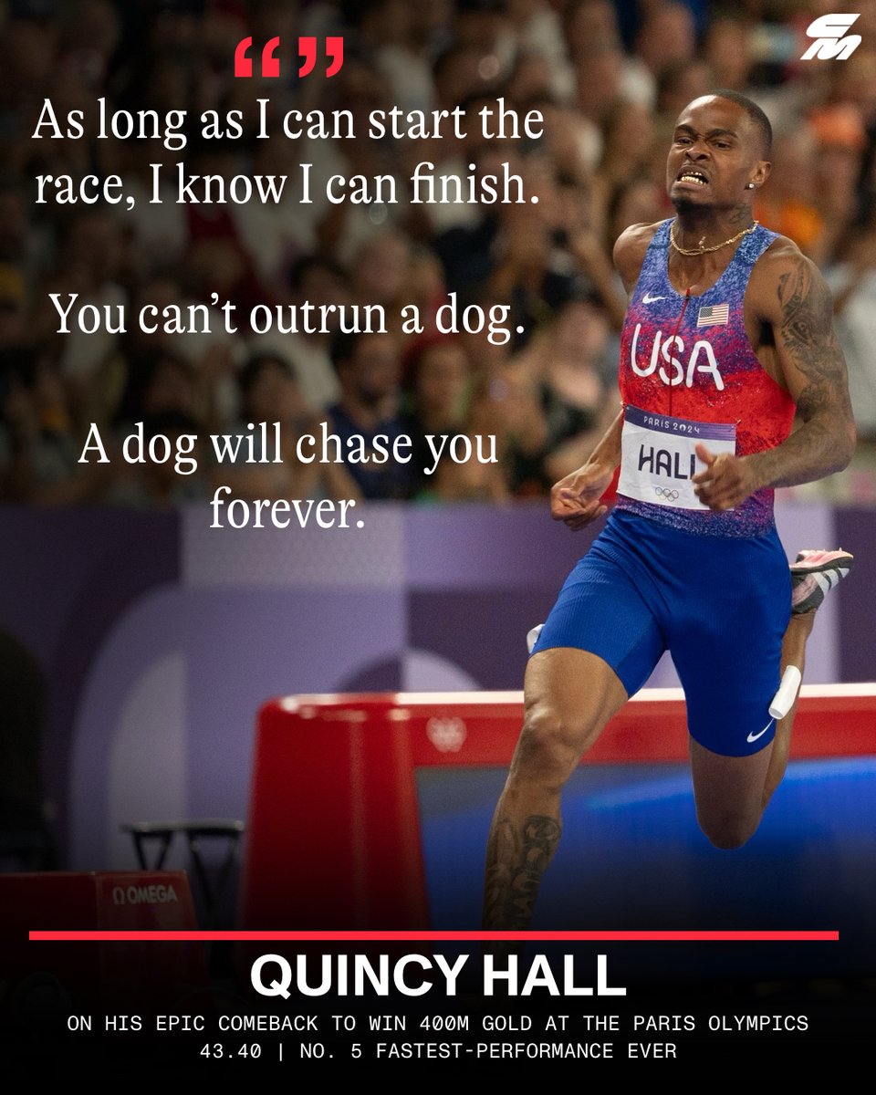 Chris Chavez (@chrischavez) on Twitter photo 🐶 “As long as I can start the race, I know I can finish. You can’t outrun a dog. A dog will chase you forever.”
🥇 Quincy Hall (<a href="/QuincyHall400/">Quincy Hall</a>) speaks after his EPIC comeback to win 400m GOLD.
Here's what he told reporters:
“It means a lot. Like I said, I’ve been putting a 🐶 “As long as I can start the race, I know I can finish. You can’t outrun a dog. A dog will chase you forever.”
🥇 Quincy Hall (<a href="/QuincyHall400/">Quincy Hall</a>) speaks after his EPIC comeback to win 400m GOLD.
Here's what he told reporters:
“It means a lot. Like I said, I’ve been putting a