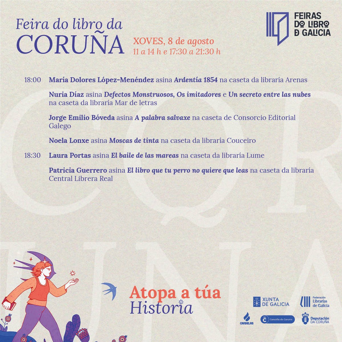 LibrariasGal's tweet photo. @CulturaXunta @Depucoruna @Cafescandelas @berbiriana @CouceiroLibrer @Cartabon_Libr @CorunaNobel @casadellibro @BooksBunker @libpedreira @CMEditores @LibreriaLume @BoadiceaEditora @malaferaed @alvarellos_ed @LibreriaAgrasar @GataTola @libreriaben @AlitaComics @libros_formatos @metropol_comics @edicionsembora @BululuEditorial @LibreriaAzeta @centralibrera @KalandrakaEdit #Atopaatúahistoria na #feiradolibro da Coruña!

Mañá contaremos con Alba Rozas, Pablo Pesado, María Yáñez, Isabel Ramos Breijo, Arantxa Serantes, Xesús Alonso Montero, Olivia Rodríguez, Carmen Blanco, Henrique Alvarellos, José Mª Paz Gago e Xosé Fernández Otero. https://t.co/gveCUwjqJP
