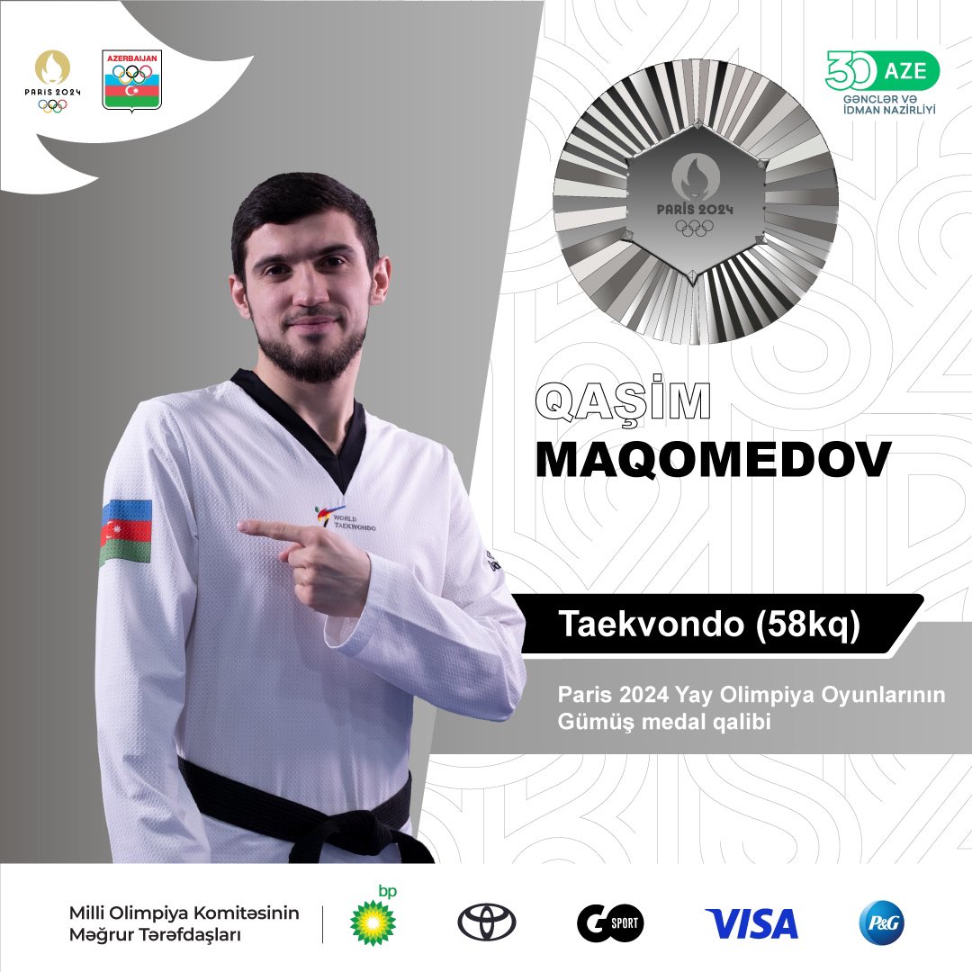 Taekvondoçumuz Qaşim Maqomedov Paris 2024 Yay Olimpiya Oyunlarında GÜMÜŞ medal qazandı!🥈

Qaşim adını Olimpiya tariximizə yazmağı bacardı! 🤩❤️‍🔥

Bu nailiyyət, çalışqanlığın və əzmin əsl göstəricisidir! 

Təbriklər, Qaşim! Qürur duyuruq! 🇦🇿

#Paris2024 #TeamAZE #StrongerTogether