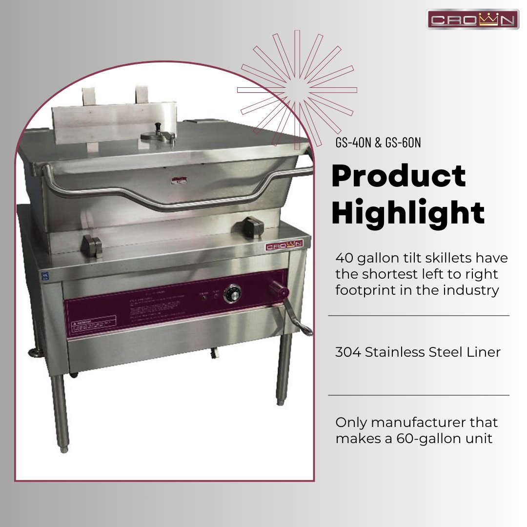 Maximize your kitchen space without compromising capacity with Crown Steam GS-40N and GS-60N tilt skillets! 🍳 Save on hood space with these narrow units that pack a punch in productivity. #KitchenInnovation #TiltSkillets #CommercialKitchen 🏆