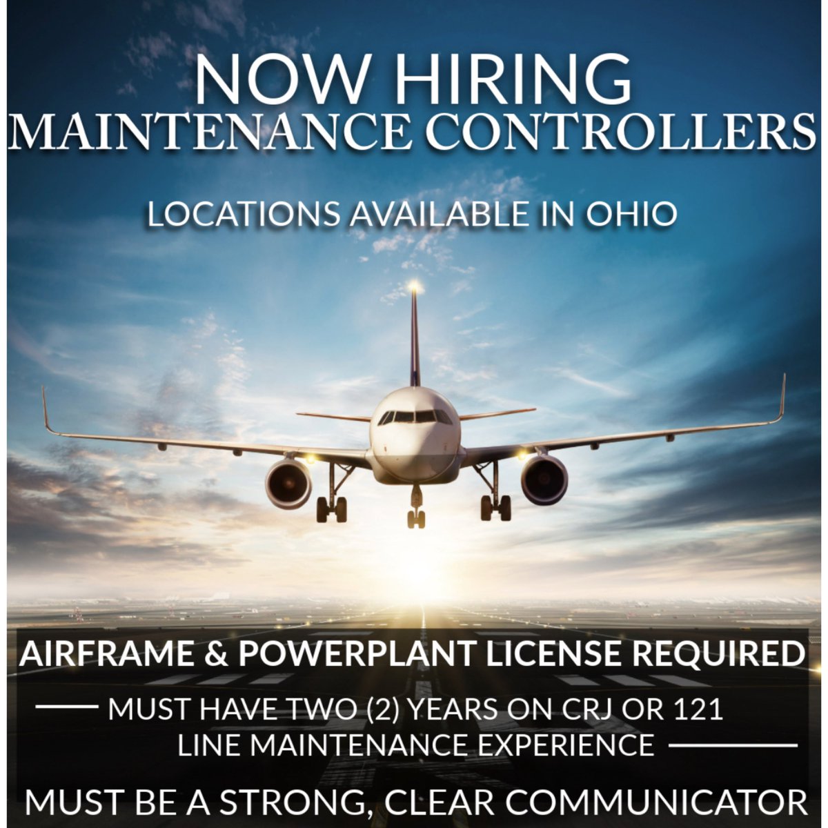 NOW HIRING

❕ Maintenance Controllers ❕ 

For more information, give us a call or visit our website today!

📞 (304) 848-0900

💻 HQAero.com
