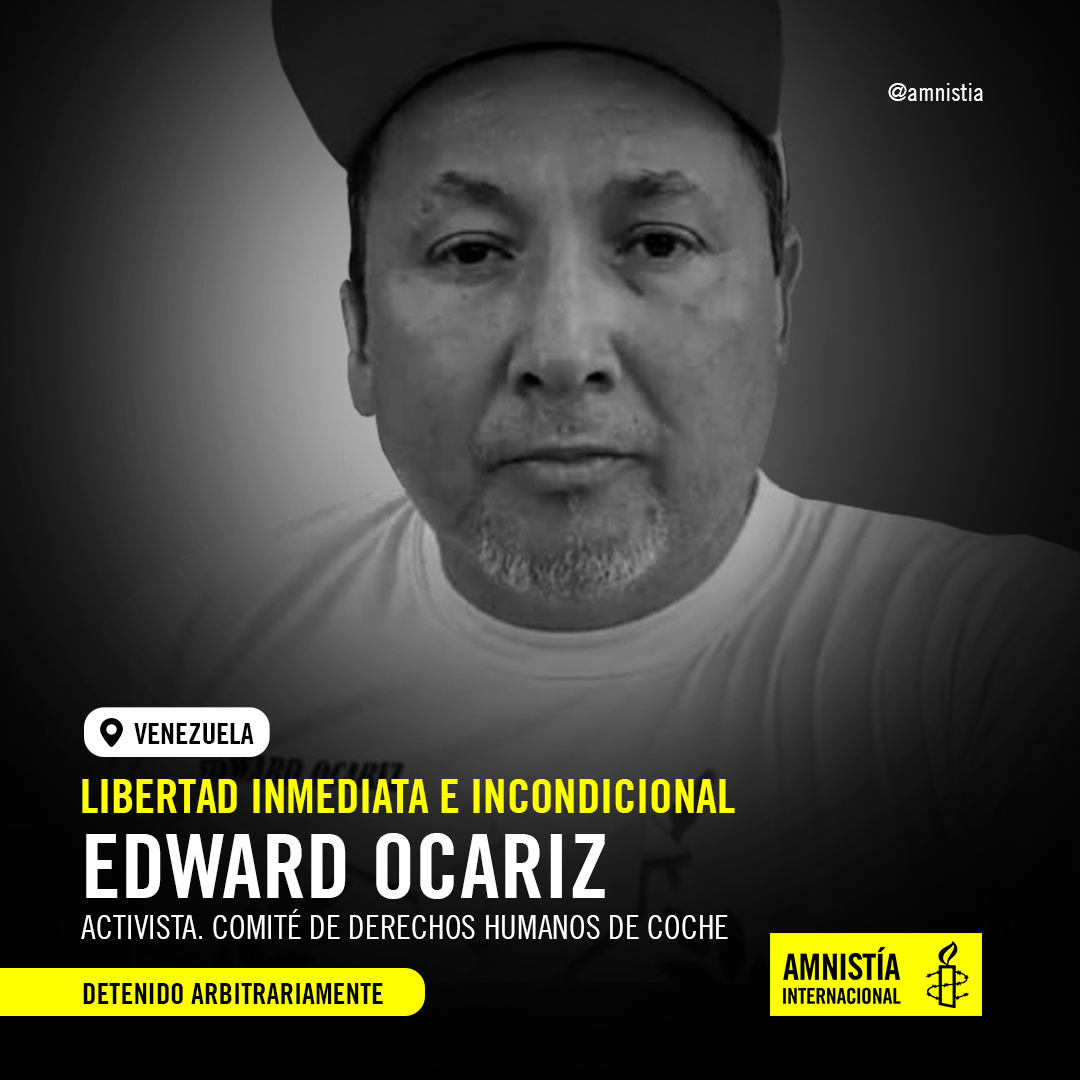 AmnistiaOnline's tweet photo. 🚨 #Venezuela: Exigimos la liberación inmediata e incondicional de Edward Ocariz, defensor de #DDHH del Comité de DDHH de la Parroquia Coche en #Caracas, detenido de manera arbitraria desde el #2Ago.

📢 ¡Defender los derechos humanos no es delito! 

#LiberenAEdward https://t.co/MC4Y6ktlhu