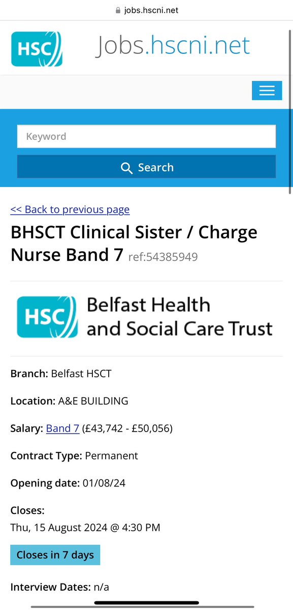 Linsey Sheerin (@linseytweets) on Twitter photo 🚨 Excellent opportunity to join the Emergency Department team <a href="/BelfastTrust/">Belfast Trust</a> 🏥 🚁
🚨 Band 7 Clinical Sister / Charge Nurse
🚨 RVH Emergency Department
🔔 Closes 15th August
jobs.hscni.net/Job/36272/bhsc… 🚨 Excellent opportunity to join the Emergency Department team <a href="/BelfastTrust/">Belfast Trust</a> 🏥 🚁
🚨 Band 7 Clinical Sister / Charge Nurse
🚨 RVH Emergency Department
🔔 Closes 15th August
jobs.hscni.net/Job/36272/bhsc…