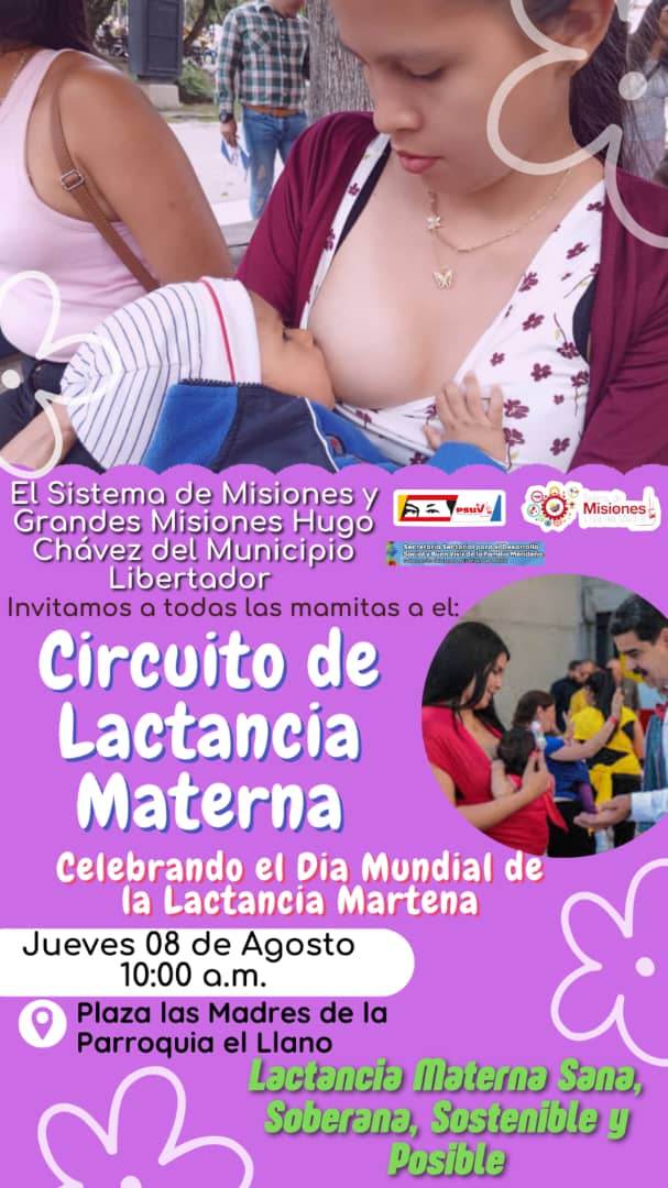 En el marco de la semana mundial de la lactancia materna,la tropa verde del #INNMérida junto con el Sistema de Misiones y Grandes Misiones Hugo Chávez del Municipio Libertador,te invitamos a todas las mamitas a participar en el circuito de la lactancia materna 

#JusticiaSoberana