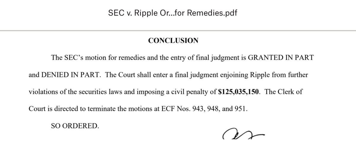 BREAKING: the final ruling in the SEC vs Ripple lawsuit has been issued by Judge Torres: Ripple must pay $125 million to the SEC. #XRP NOT A SECURITY. It’s over!