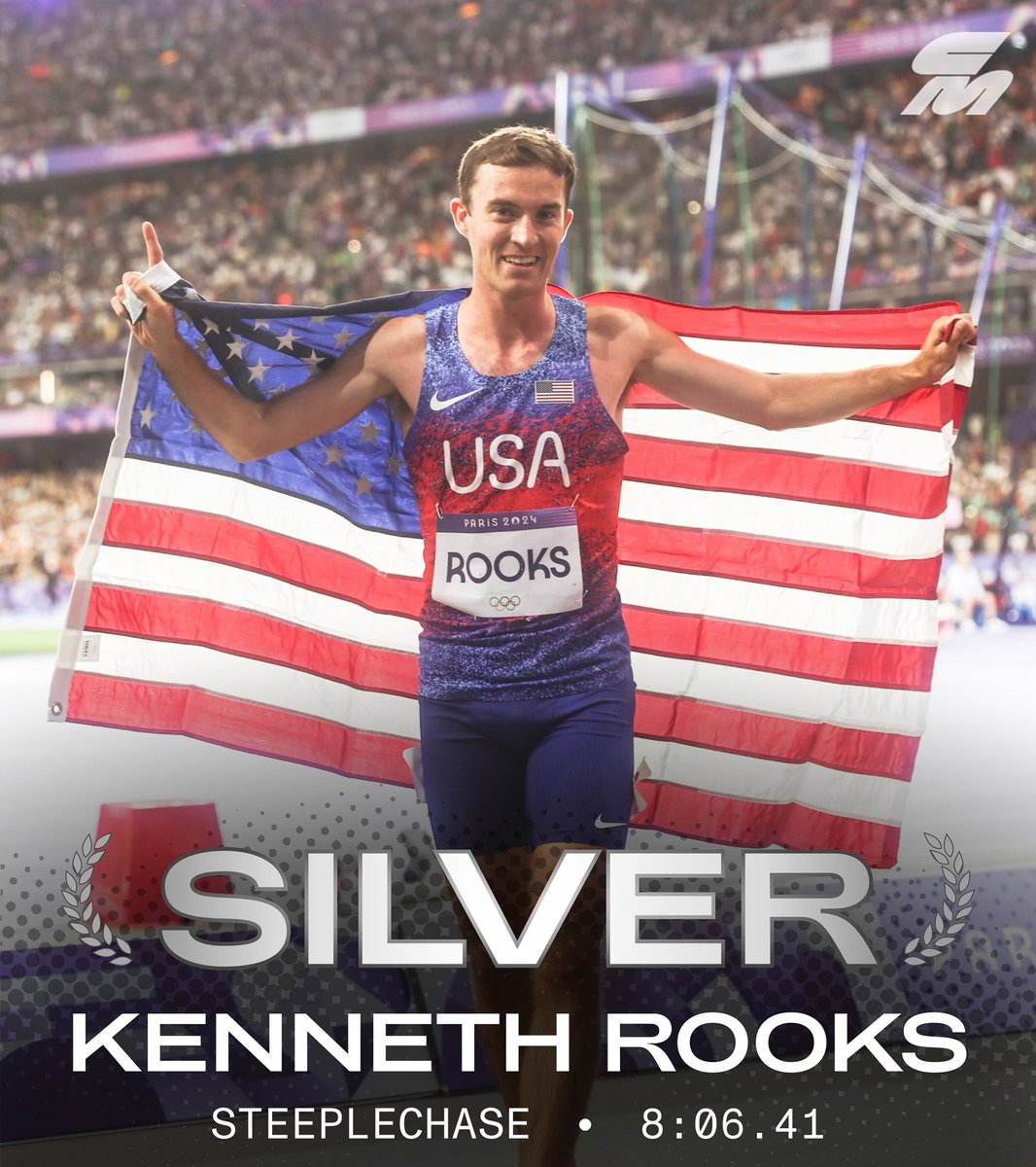 Shoot for the moon and land in the stars ✨ 

Kenneth Rooks 🇺🇸 runs a 9-second lifetime best of 8:06.41 to claim Olympic silver in the steeplechase, his first medal at any major championship.

Rooks is now only the 3rd American man to medal in this event at the Olympics since