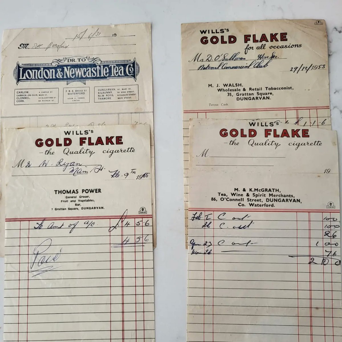 Waterford History News (@waterfordmuseum) on Twitter photo DUNGARVAN SHOPS & TRADERS
Some billheads courtesy of <a href="/IrishSmuggling/">Smuggling & Dark History</a>.
The L&N (now Garvey's Supermarket)
Maurice Flynn - Hardware
Keane - Bottlers & Tobacconists
Michael Moloney - Hardware
M J Walsh - Tobacconist
Thomas Power - Grocer
M & K McGrath - Wine & Spirit Merchants DUNGARVAN SHOPS & TRADERS
Some billheads courtesy of <a href="/IrishSmuggling/">Smuggling & Dark History</a>.
The L&N (now Garvey's Supermarket)
Maurice Flynn - Hardware
Keane - Bottlers & Tobacconists
Michael Moloney - Hardware
M J Walsh - Tobacconist
Thomas Power - Grocer
M & K McGrath - Wine & Spirit Merchants