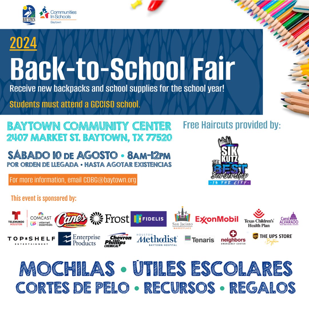 TelemundoHou's tweet image. 💻 #InternetEssentials de @ComcastTexas y #TelemundoHouston donaremos laptops a @CityofBaytown para sus #Back2School Fair sábado 10 de agosto a las 8a en el Community Center. Se ofrecerán mochilas, útiles escolares, cortes de pelo de @sikkutz y recursos a estudiantes de @GCCISD