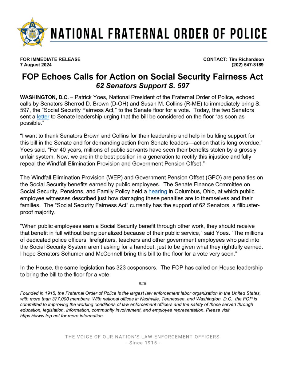 GLFOP's tweet photo. National President Patrick Yoes issued the following statement calling on the Senate to bring  S. 597, the “Social Security Fairness Act,” to the floor for a vote.

https://t.co/bQAZjYEcdZ https://t.co/rJ4mQGK5jw