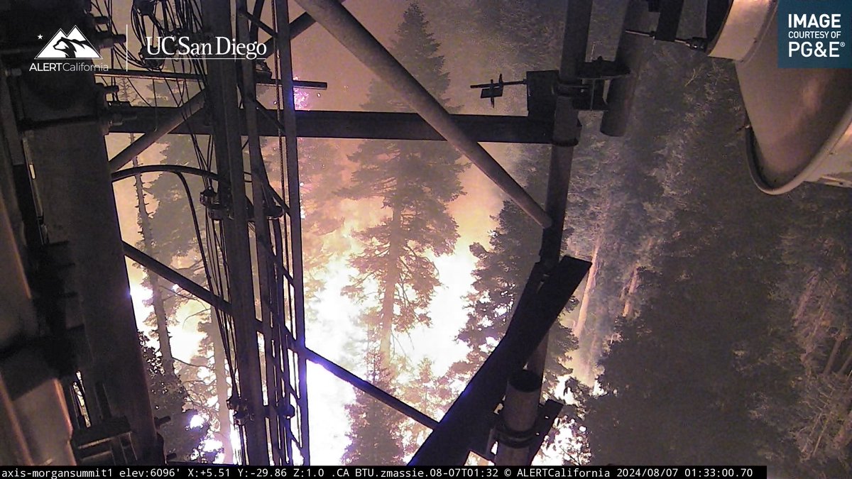 Last night the #ParkFire burned under the ALERTCalifornia Morgan Summit camera. Emergency managers briefly moved the camera to check the conditions below before reorienting it to the larger fire view. The camera is still operational. See conditions live: bit.ly/3Ac5t1F