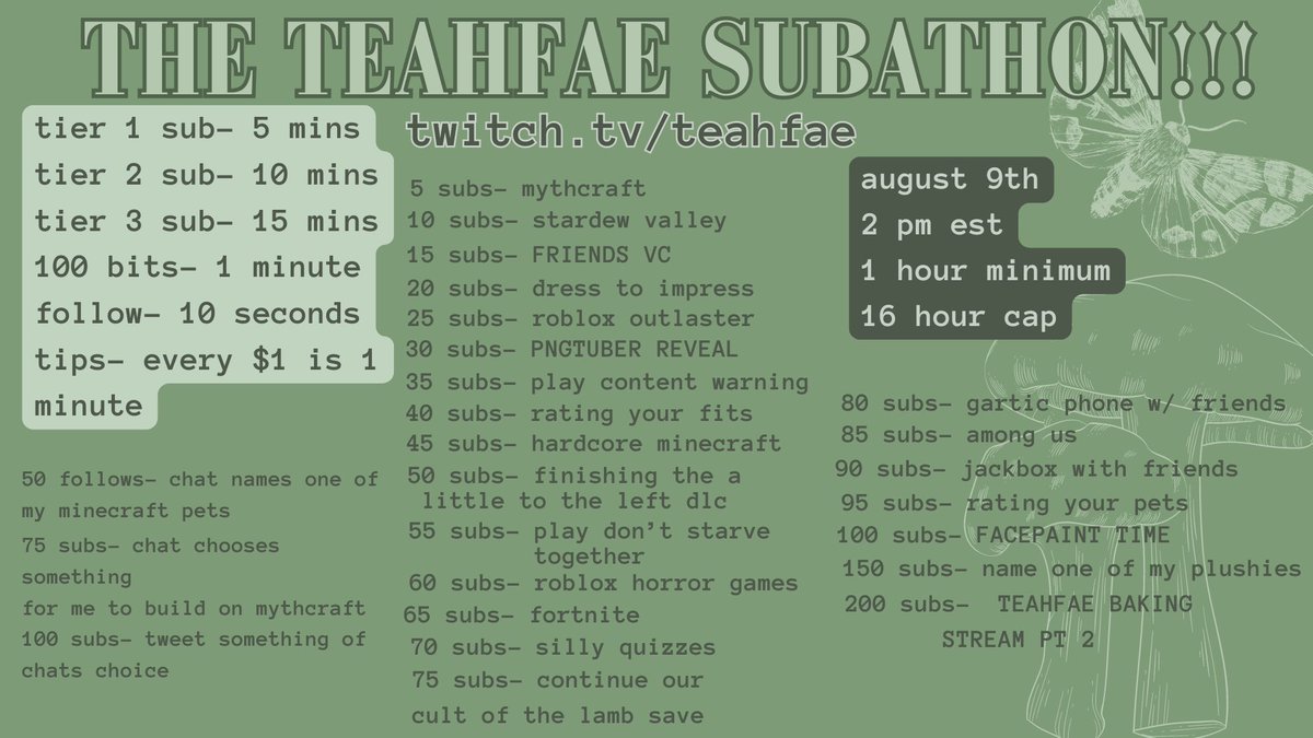 teahfae's tweet photo. OFFICIAL TEAHFAE SUBATHON ANNOUNCEMENT!!!  THIS FRIDAY AUGUST 9TH 2PM EST!!! :3

feel free to come hang out!! anything helps as this subathon is to help me pay for vet bills, take care of my mom post surgery, and repair my pc!!! thank you so much and i hope to see you there!! <3 https://t.co/NfjBX1fR4G