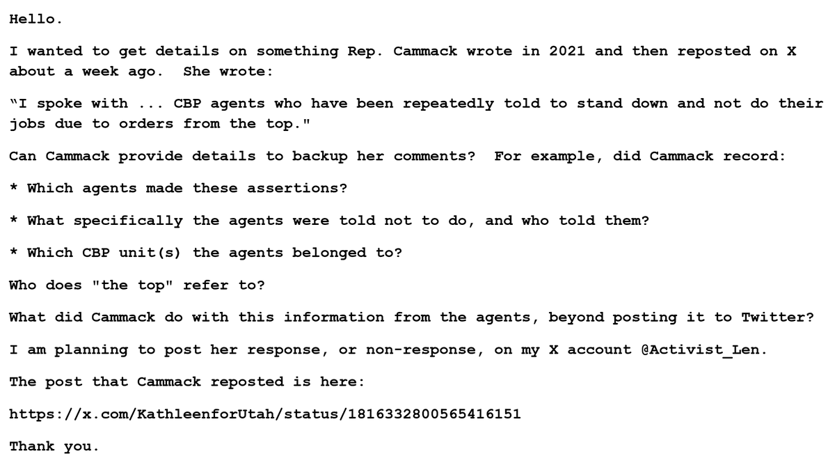 Activist_Len's tweet photo. .@Kat_Cammack (R-FL) makes a lot of allegations about @KamalaHarris and the border.  But when I asked Cammack's office (twice last week) for supporting data ... crickets.  See screenshot of Q's.

#Resist 
#FL03 https://t.co/Pda8CibG1P