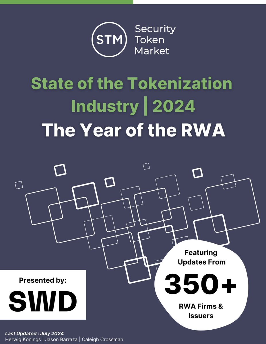 RWAFoundation_'s tweet photo. In case you missed it in your inbox or through the Security Token Show, STM is proud to release a comprehensive report highlighting developments across 350+ RWA firms and issuers throughout 2024! The State of the Tokenization Industry 2024 report is made possible thanks to @steelwavellc Digital (SWD) 🙏🏼 

Full Report Here: https://t.co/mPqtmwKYus

This is the year of the RWA with all these updates coming from across tokenization platforms, marketplaces and brokers, institutional activity, blockchain protocols, fund tokenizations, private companies and public equities issuances, bonds and debt, credit and lending, real estate, alternatives assets, precious metals, DeFi platforms, global regulation and legislation, custody, infrastructure providers, stablecoins, deposit tokens, and CBDCs and even third-party research reports. Real world assets are coming on-chain faster now more than ever across institutional and retail use cases alike. 

SWD is the digital arm of @steelwavellc, a San Mateo-based, successful institutional real estate firm with decades of experience and a transaction history in the size of multiple billions for commercial real estate. SWD was formed as a subsidiary dedicated to digitization and innovation of SteelWave real estate and capital market activities. This venture does not replace their traditional deal structures — but offers a new universe of deal capitalization adding to and complementing their existing capabilities. 

SWD announced in May of this year that a $500 Million SteelWave fund will be using the blockchain to offer a token for exposure to the fund backed by commercial real estate. Both the size of this offer and the track record of the issuer speaks volumes to where the real estate tokenization industry has come today.