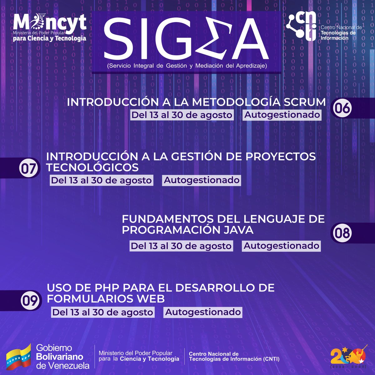 CanaimaGNULinux's tweet image. El Centro Nacional de Tecnologías de Información presenta su oferta formativa del mes de agosto.
Tienen oportunidad hasta el domingo 11 de agosto para realizar su inscripción.
Todos los detalles en:
sigmaformulario.cnti.gob.ve
¡Participen!
